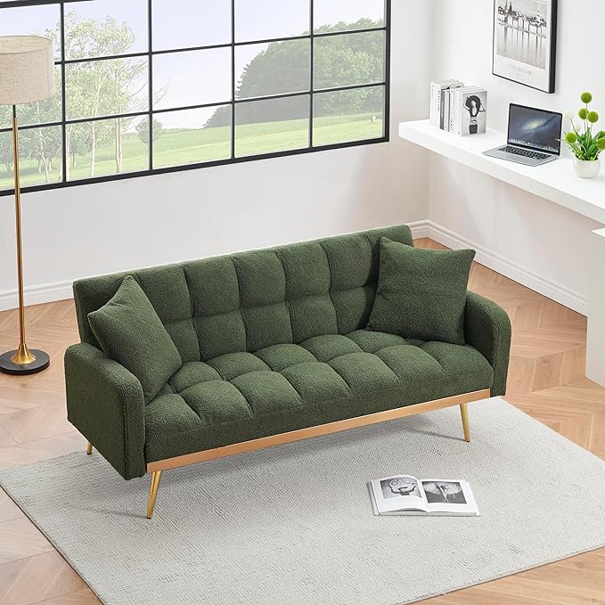 Fabric Teddy Fleece Folding Futon Sofa Bed w/Adjustable Backrests, 2 Seater Tufted Convertible Lounge Couch Recliner Loveseat with Metal Golden Legs for Living Room, Office,Bedroom, Green 69" - LeafyLoom