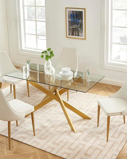 Edwin's Choice 58.5” Rectangle Glass Dining Table, Tempered Glass Table Top and Metal Tubular Legs, Modern Style Table for Home, Kitchen, Dining room 58.5”Lx29”Wx30”H, Gold (Table Only) - LeafyLoom