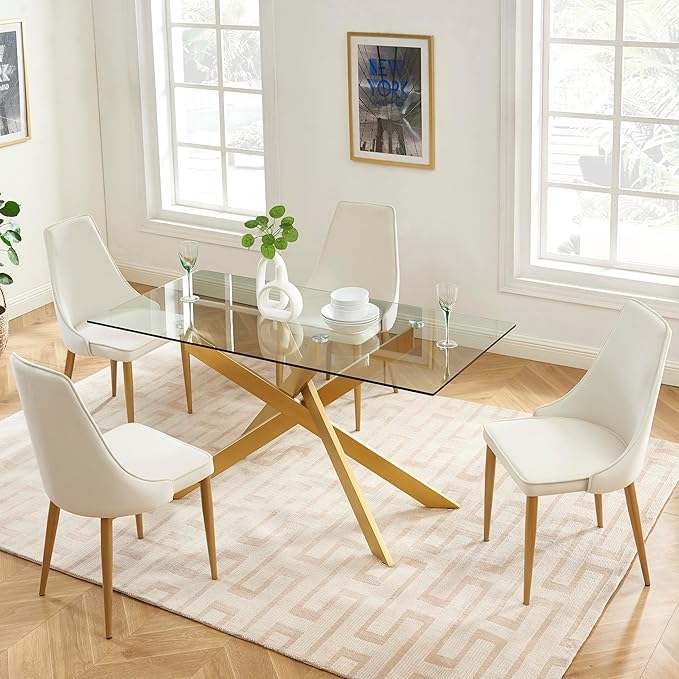 Edwin's Choice 58.5” Rectangle Glass Dining Table, Tempered Glass Table Top and Metal Tubular Legs, Modern Style Table for Home, Kitchen, Dining room 58.5”Lx29”Wx30”H, Gold (Table Only) - LeafyLoom
