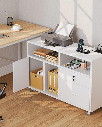 DWVO 2 Drawer File Cabinet with Charging Station, Mobile Filing Cabinet with Lock, White - LeafyLoom