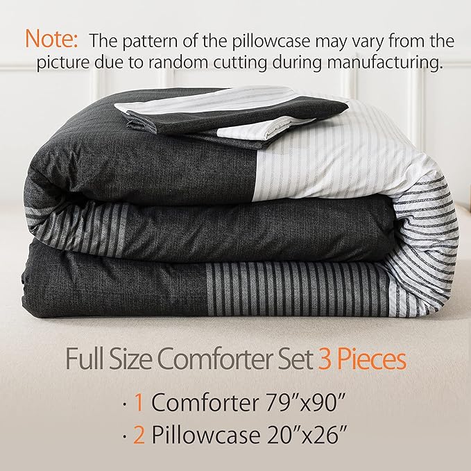 Andency Full Size Comforter Set,3 Pieces Black White Gray Patchwork Striped Comforter(79x90 Inch), Soft Microfiber Down Alternative Full Comforter Bedding Sets with Corner Loops - LeafyLoom