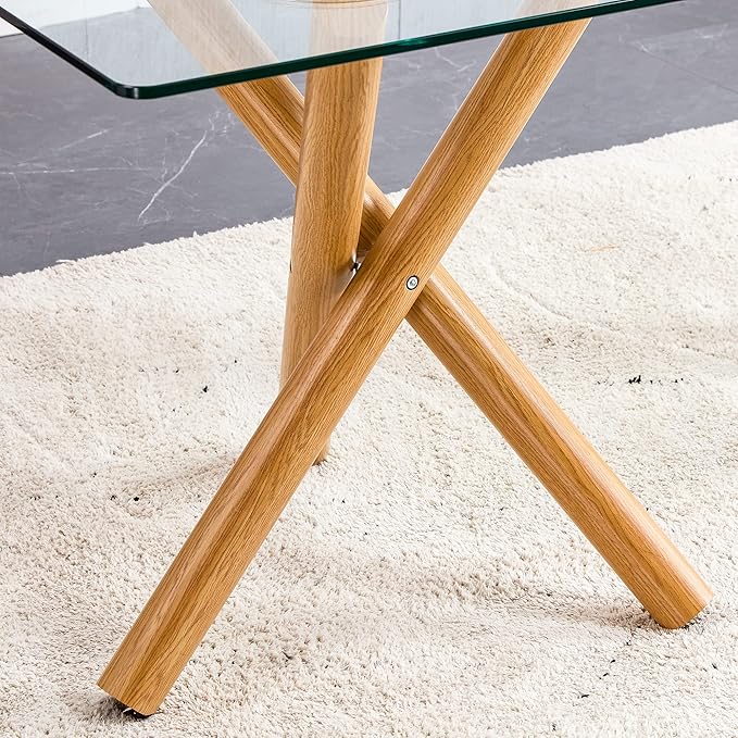 Modern Glass Table with Rectangular Tempered Tabletop,Dinner Desk Set for 6-8 people W, Home,Kitchen,Dining Room,Office,Wood+Clear Finish, 71" Chrome Metal Legs - LeafyLoom