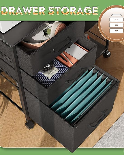 DEVAISE 3 Drawer Mobile File Cabinet, Rolling Printer Stand with Open Storage Shelf, Fabric Lateral Filing Cabinet fits A4 or Letter Size for Home Office, Black - LeafyLoom