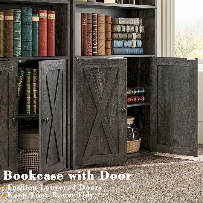 IRONCK Industrial Bookshelves and Bookcases with Doors Set of 2 Floor Standing 6 Shelf Display Storage Shelves 70 in Tall Bookcase for Home Office, Living Room - LeafyLoom