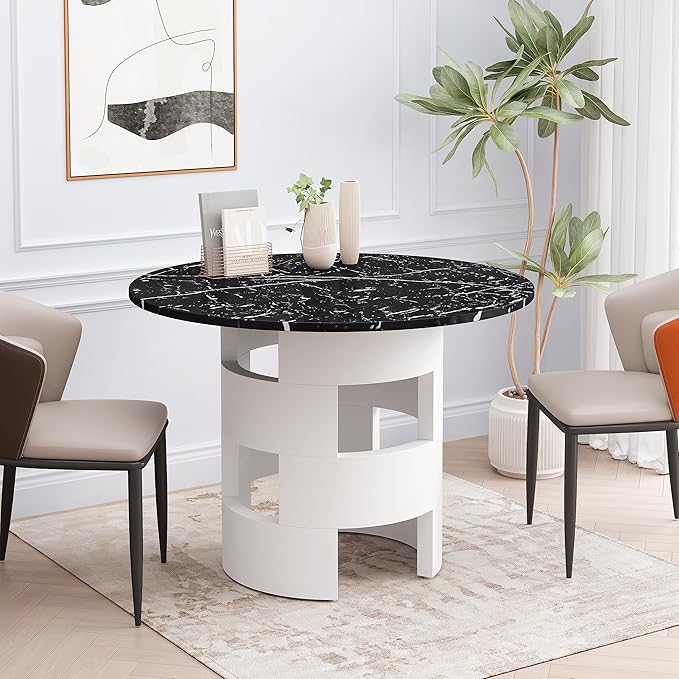 NicBex Dining Table Contemporary Kitchen Table Farmhouse Rustic 42.12" Round Dining Table with Printed Black Marble Table Top for Dining Room, Kitchen, Living Room, Round Dining Table, Black + White - LeafyLoom