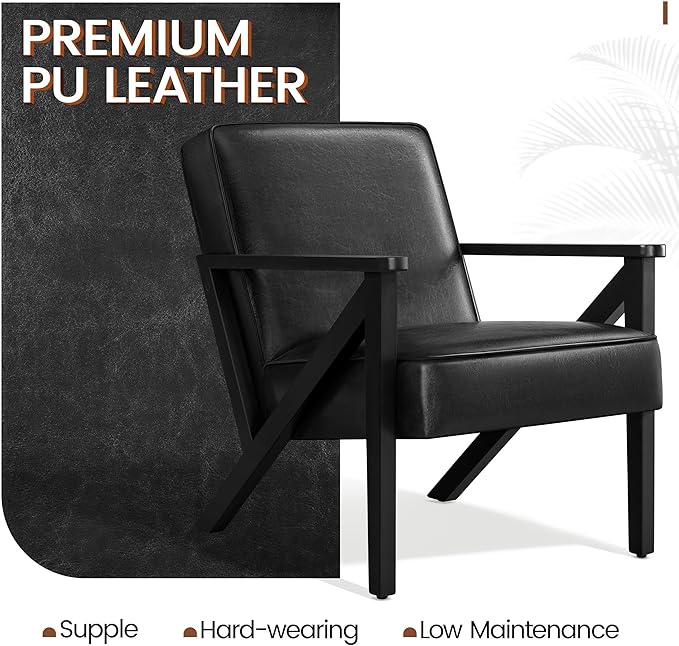 Yaheetech Accent Chair, Armchair with Strong Wood Frame, PU Leather Modern Retro Lounge Chair for Living Room/Lounge/Office/Reception Area, Black, 2 Pieces - LeafyLoom