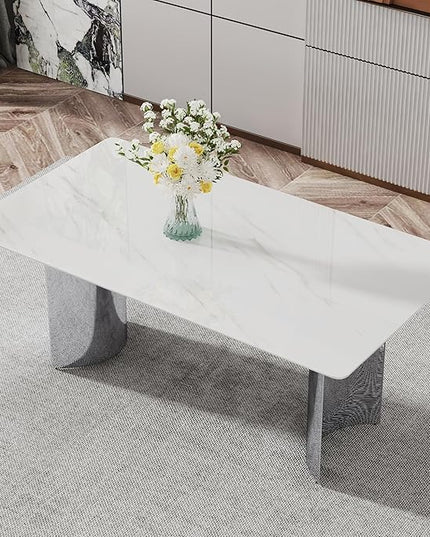 NicBex Modern Minimalist Dining Table White Imitation Marble Glass Desktop is Equipped with Silver Metal Legs Suitable for Restaurants and Living Rooms, White + Silver - LeafyLoom