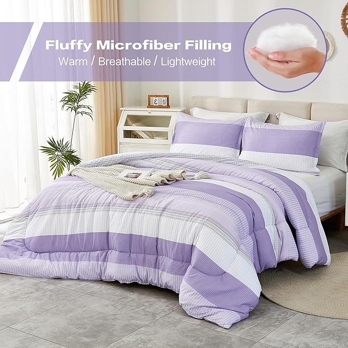 Litanika Lavender Comforter Set King - 3 Pieces Lightweight Lavender Purple White Colorblock Stripe Fluffy Bedding Comforter Sets, All Season Bed Set - LeafyLoom