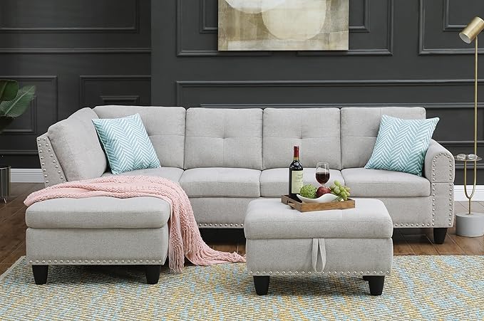 98" L-Shaped Sectional Couch with Storage Ottoman and Left Facing Chaise,Linen Upholstered Sofa with 2 Cup Holders and 2 Throw Pillows for Living Room,Light Gray - LeafyLoom