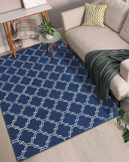 Chicrug Shag Geometric Modern Area Rug for Bedroom, 6x9 Feet Memory Foam Indoor Carpet, Fluffy Rug for Living Room Bedside Room Decor for Family Girls Kids Nursery Play Mat, Navy/White - LeafyLoom