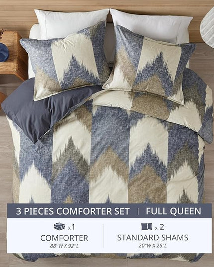 INK+IVY Queen Size Comforter Set, Cozy Cotton Comforter, All Season, Lightweight Comforter Queen Bed Set with 2 Matching Shams, Modern Cabin Lodge Ikat Chevron Design, Navy Full/Queen 3 Piece - LeafyLoom