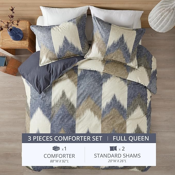 INK+IVY Queen Size Comforter Set, Cozy Cotton Comforter, All Season, Lightweight Comforter Queen Bed Set with 2 Matching Shams, Modern Cabin Lodge Ikat Chevron Design, Navy Full/Queen 3 Piece - LeafyLoom