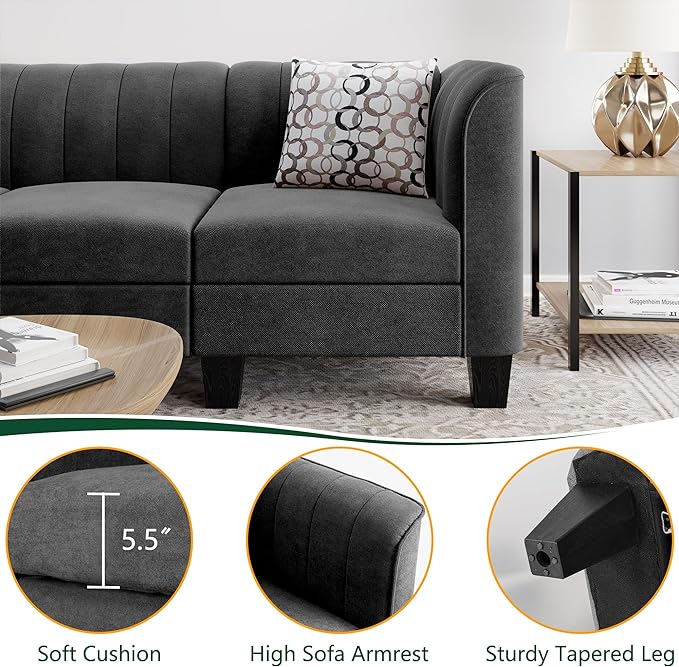 Shintenchi Upgraded Convertible Sectional Sofa Couch, 3 Seat L Shaped Sofa with High Armrest Linen Mid Century Fabric Small Couch for Living Room, Apartment and Office (Charcoal) - LeafyLoom