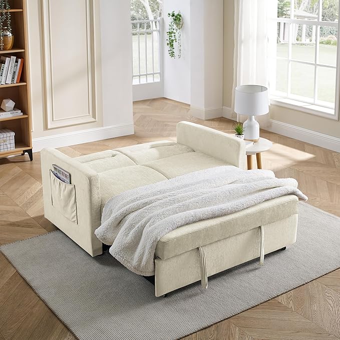3 in 1 Sleeper Sofa Bed,Contemporary Minimalist Style 2 Seater Loveseat Convertible Sofa&Couch with Pull Out Sofabed and Side Storage Pockets for Home,Office,Apartment,RV Living Room Furniture - LeafyLoom