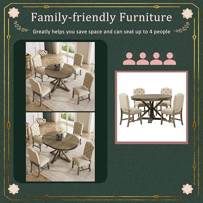 5-Piece Retro Style Dinette Sets with Round Extendable Kitchen Dining Table, 4 Upholstered Chairs, for Diningroom Living Room, Easy to Assemble, Natural Wood Wash 2 - LeafyLoom