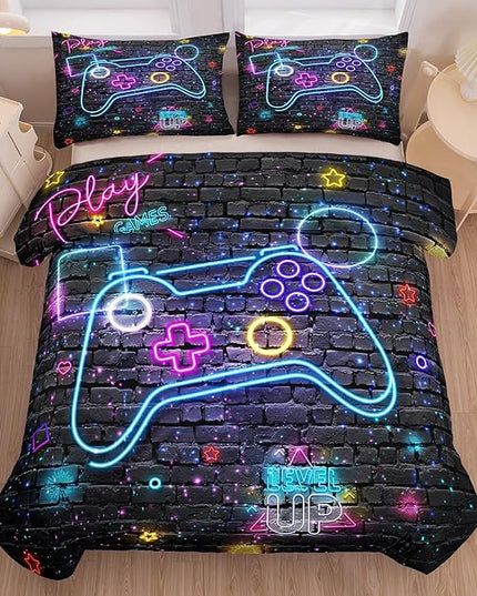 Full Size Comforter Set for Boys, Gamer Bedding Set, 3 Pieces, Gamepad 06, Polyester, All Seasons, Machine Wash - LeafyLoom