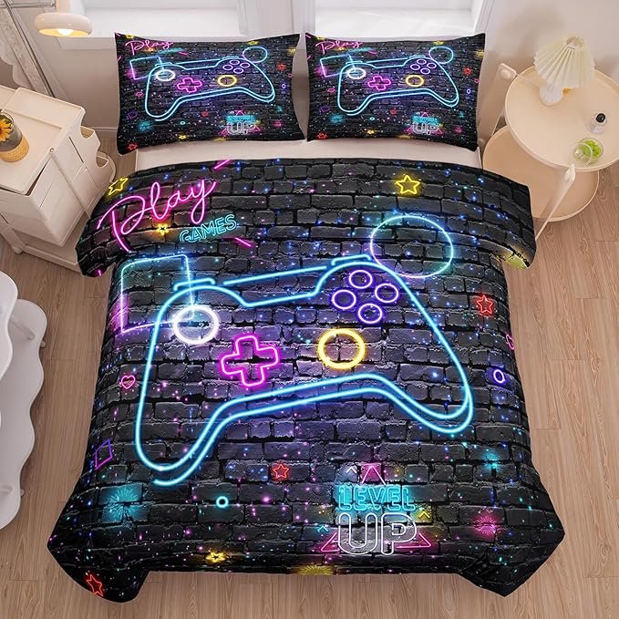 Full Size Comforter Set for Boys, Gamer Bedding Set, 3 Pieces, Gamepad 06, Polyester, All Seasons, Machine Wash - LeafyLoom