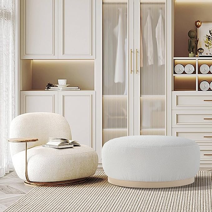 Round Ottoman Coffee Table, Modern Boucle Upholstered Center Table for Living Room Circle Accent Coffee Table for Bedroom Entryway Office - LeafyLoom