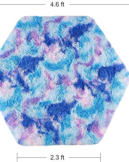 junovo Ultra Soft Hexagon Rug Fluffy Rainbow Nursery Rug for Princess Tent Kids Play Castle, Furry Hexagonal Carpet for Kids Girls Room Playhouse Classroom Dorm Home Decor, 4.6ft Tie-Dye Blue-Purple - LeafyLoom