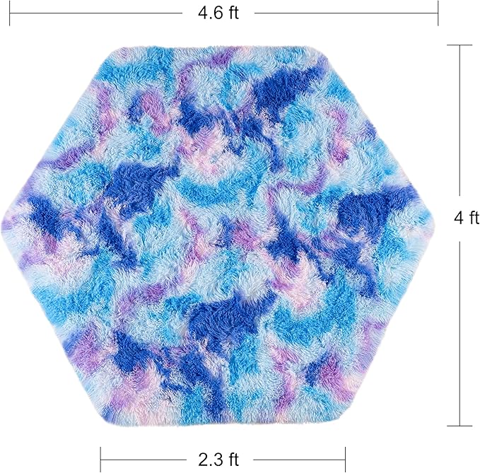 junovo Ultra Soft Hexagon Rug Fluffy Rainbow Nursery Rug for Princess Tent Kids Play Castle, Furry Hexagonal Carpet for Kids Girls Room Playhouse Classroom Dorm Home Decor, 4.6ft Tie-Dye Blue-Purple - LeafyLoom