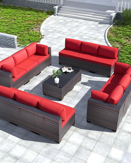 Kullavik 14PCS Outdoor Patio Furniture Set PE Wicker Rattan Sectional Sofa Patio Conversation Sets,Red - LeafyLoom