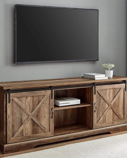 Walker Edison Corbin Modern Farmhouse TV Stand, Sliding X Barn Door, For TVs Up To 80 Inches, 70 Inch, Reclaimed Barnwood, Rustic Oak - LeafyLoom