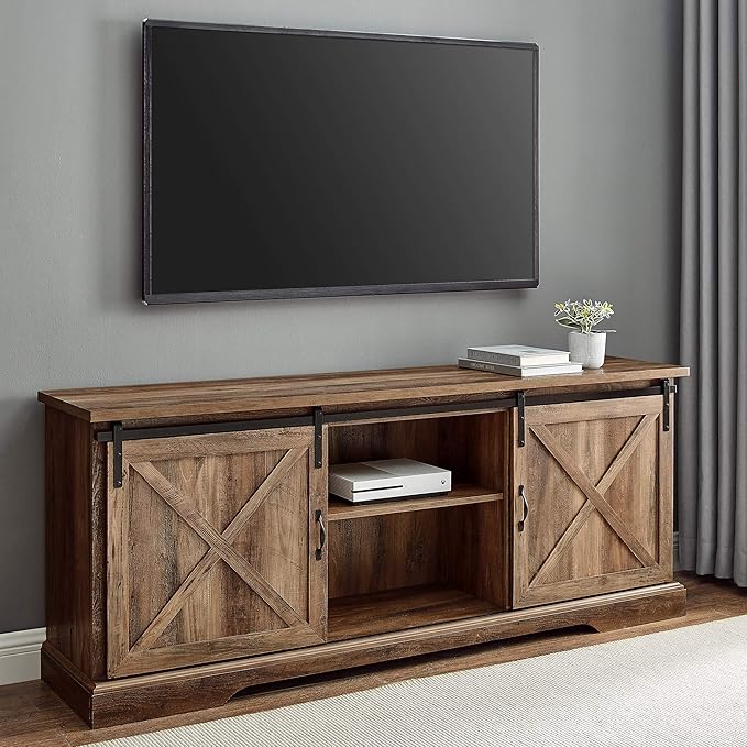Walker Edison Corbin Modern Farmhouse TV Stand, Sliding X Barn Door, For TVs Up To 80 Inches, 70 Inch, Reclaimed Barnwood, Rustic Oak - LeafyLoom