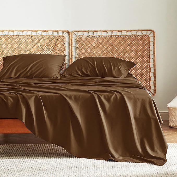 Bedsure King Size Sheet Set, Cooling Sheets King, Rayon Derived from Bamboo, Deep Pocket Up to 16", Breathable & Soft Bed Sheets, Hotel Luxury Silky Bedding Sheets & Pillowcases, Brown - LeafyLoom
