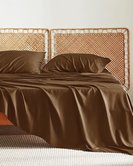 Bedsure Full Size Sheets, Cooling Sheets Full, Rayon Derived from Bamboo, Deep Pocket Up to 16", Breathable & Soft Bed Sheets, Hotel Luxury Silky Bedding Sheets & Pillowcases, Brown - LeafyLoom