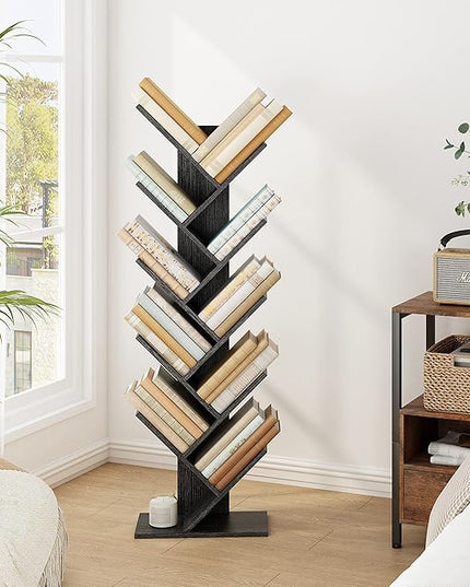 Hoctieon 10 Tier Tree Bookshelf, 10 Shelf Bookcase, Free Standing Tree Bookcase, Display Floor Standing Shelf for Books, Book Organizer Shelves for Home Office, Living Room, Bedroom, Black - LeafyLoom