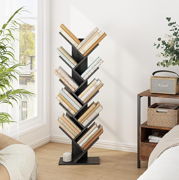 Hoctieon 10 Tier Tree Bookshelf, 10 Shelf Bookcase, Free Standing Tree Bookcase, Display Floor Standing Shelf for Books, Book Organizer Shelves for Home Office, Living Room, Bedroom, Black - LeafyLoom