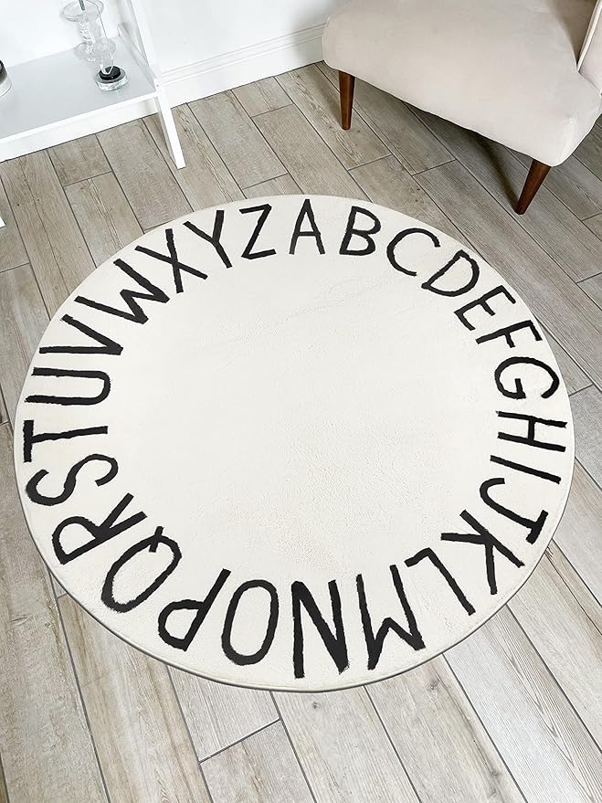 Topotdor Round Kids Play Rug Alphabet Nursery Area Rug Extra Large Soft Crawling Play Mat for Children Toddlers Bedroom (63 inch, Beige) - LeafyLoom