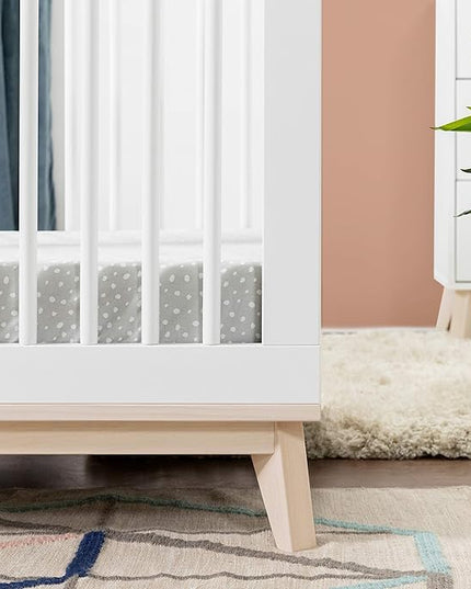 Babyletto Scoot 3-in-1 Convertible Crib with Toddler Bed Conversion Kit in White and Washed Natural, Greenguard Gold Certified - LeafyLoom