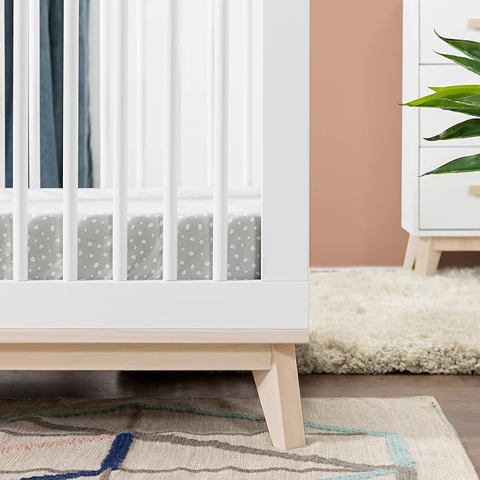 Babyletto Scoot 3-in-1 Convertible Crib with Toddler Bed Conversion Kit in White and Washed Natural, Greenguard Gold Certified - LeafyLoom