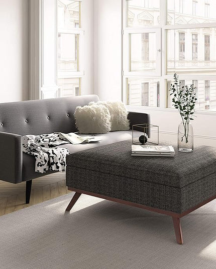SIMPLIHOME Owen 36 Inch Wide Mid Century Modern Square Coffee Table Lift Top Storage Ottoman in Upholstered Ebony Fabric, For the Living Room - LeafyLoom