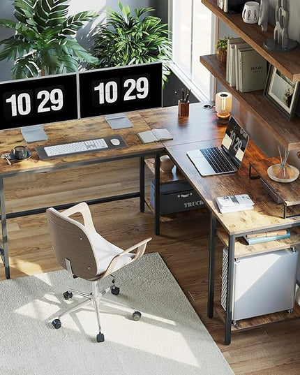 BANTI L Shaped Desk with Storage, 59 Inch Reversible Corner Computer Desk or 2 Person Long Table Desk, Home Office Large Gaming Writing Storage Workstation with Monitor Stand, Rustic Brown - LeafyLoom