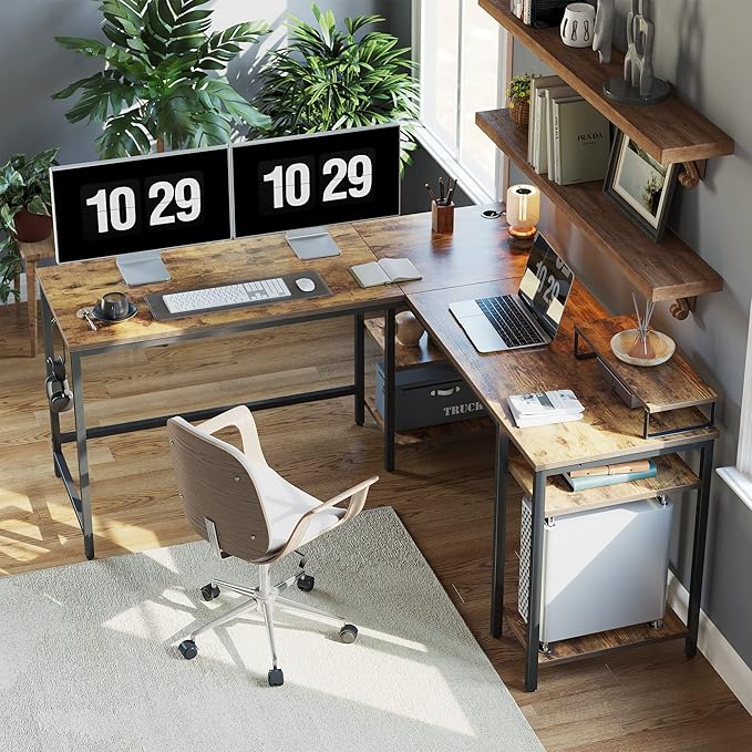 BANTI L Shaped Desk with Storage, 59 Inch Reversible Corner Computer Desk or 2 Person Long Table Desk, Home Office Large Gaming Writing Storage Workstation with Monitor Stand, Rustic Brown - LeafyLoom