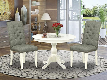 East West Furniture HBEL3-LWH-07 Hartland 3 Piece Modern Dining Set Contains a Round Wooden Table with Pedestal and 2 Gray Linen Fabric Upholstered Parson Chairs, 42x42 Inch - LeafyLoom