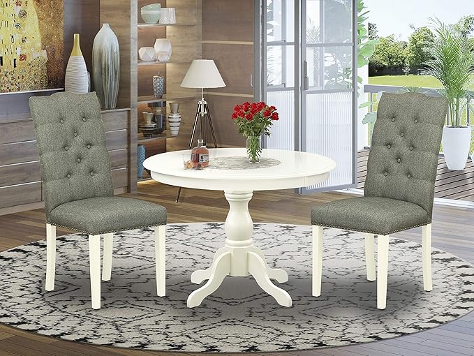 East West Furniture HBEL3-LWH-07 Hartland 3 Piece Modern Dining Set Contains a Round Wooden Table with Pedestal and 2 Gray Linen Fabric Upholstered Parson Chairs, 42x42 Inch - LeafyLoom