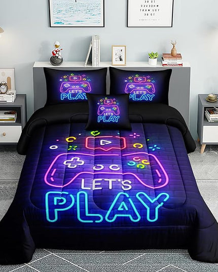Gamer Comforter Sets Queen,Purple Gaming Bedding Sets for Boys,Gaming Comforter Set,Queen Size Bedding Sets for Boys,Bed in A Bag with Sheets(Queen,Purple Color) - LeafyLoom