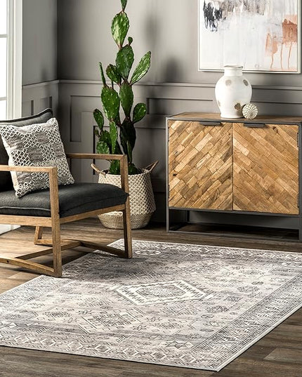 nuLOOM 8x10 Machine Washable Rain Haven Vintage Medallion Area Rug, Grey, Traditional Faded Design, Non-Slip Backing, Stain Resistant, For Bedroom, Dining Room, Living Room, Kitchen - LeafyLoom