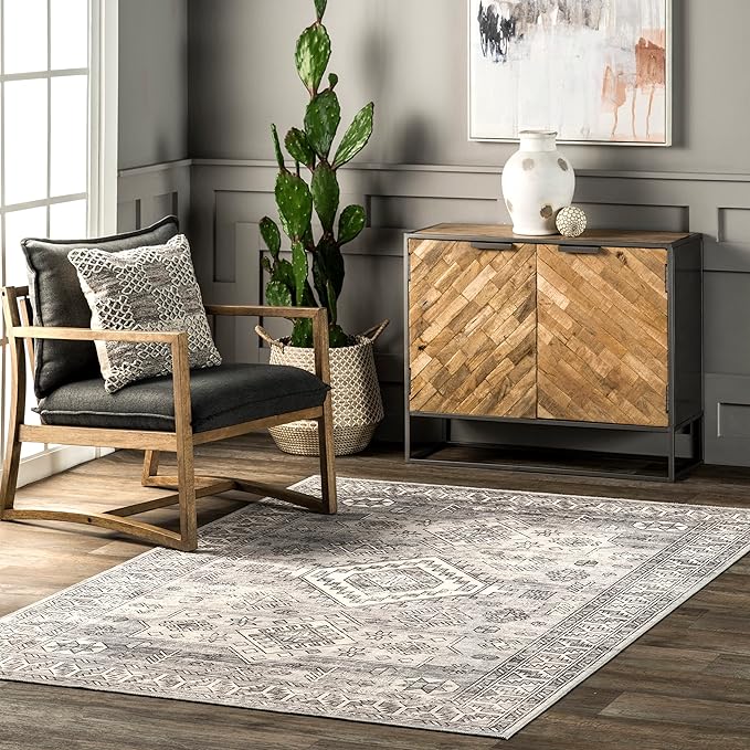 nuLOOM 4x6 Machine Washable Rain Haven Vintage Medallion Area Rug, Grey, Traditional Faded Design, Non-Slip Backing, Stain Resistant, For Bedroom, Dining Room, Living Room, Kitchen - LeafyLoom