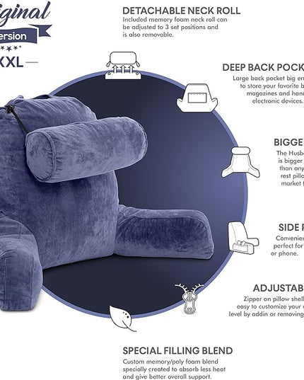 Husband Pillow XXL Dark Blue Backrest with Arms - Adult Reading Pillow Shredded Memory Foam, Ultra-Comfy Removable Microplush Cover & Detachable Neck Roll, Unmatched Support Bed Rest Sit Up Pillow - LeafyLoom