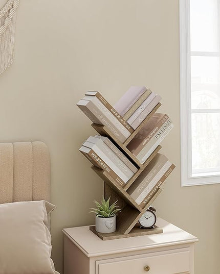 Hoctieon 4 Tier Tree Bookshelf, 4 Shelf Bookcase, Modern Book Storage, Free Standing Tree Bookcase, Utility Organizer Shelves for Home Office, Living Room, Bedroom, Greige - LeafyLoom