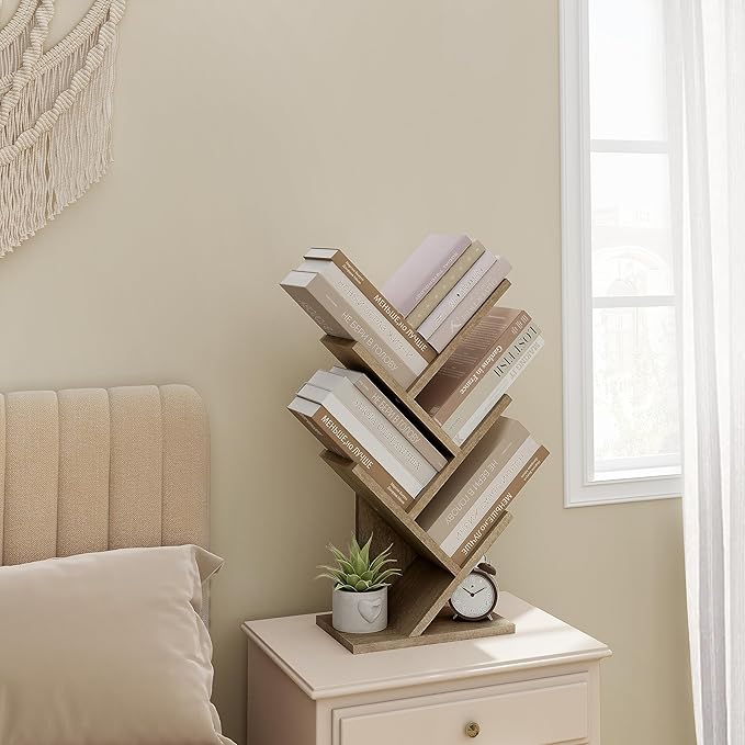 Hoctieon 4 Tier Tree Bookshelf, 4 Shelf Bookcase, Modern Book Storage, Free Standing Tree Bookcase, Utility Organizer Shelves for Home Office, Living Room, Bedroom, Greige - LeafyLoom
