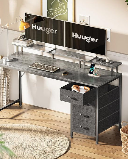 55 Inch Computer Desk with Power Outlets and LED Lights, Gaming Desk with 4 Drawers, Office Desk with Monitor Stand, Study Desk Work Desk for Home Office, Gray - LeafyLoom