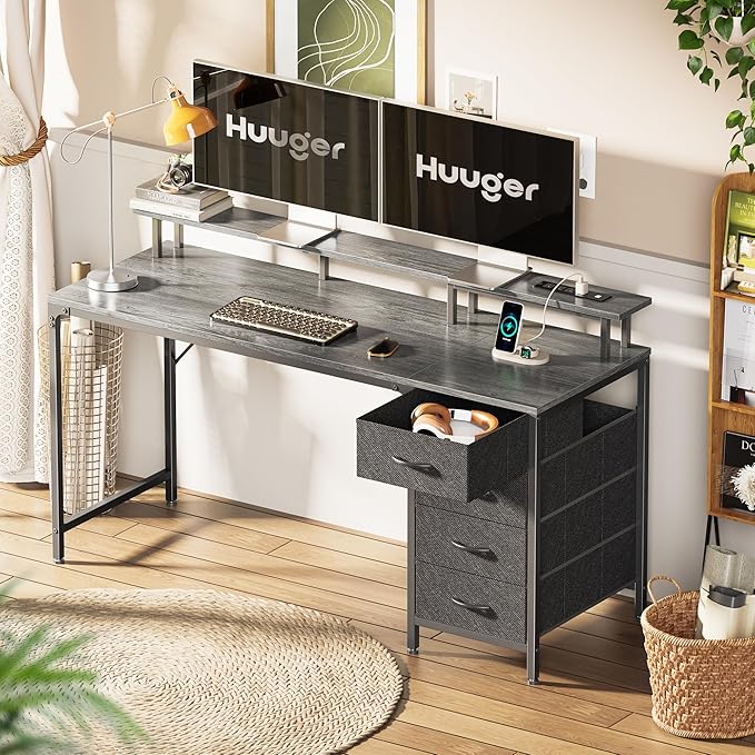 55 Inch Computer Desk with Power Outlets and LED Lights, Gaming Desk with 4 Drawers, Office Desk with Monitor Stand, Study Desk Work Desk for Home Office, Gray - LeafyLoom