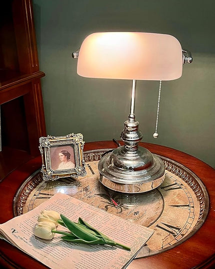 FIRVRE Bankers Lamp White Shade, Bankers Desk Lamp Library Lamp with Pull Chain, Vintage Desk Lamp for Office, Study Room - LeafyLoom