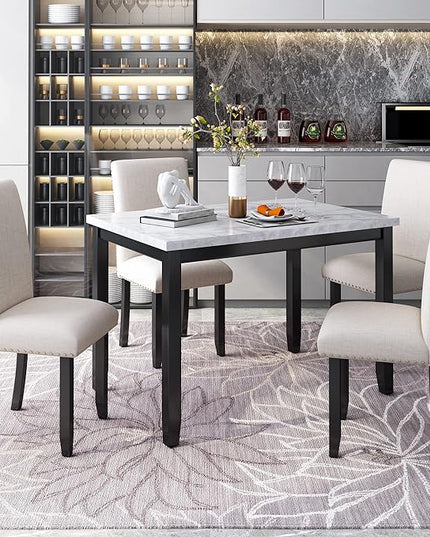 Kitchen Faux Marble 5-Piece Set Table with 4 Thicken Cushion Dining Chairs Home Furniture, White/Beige+Black - LeafyLoom