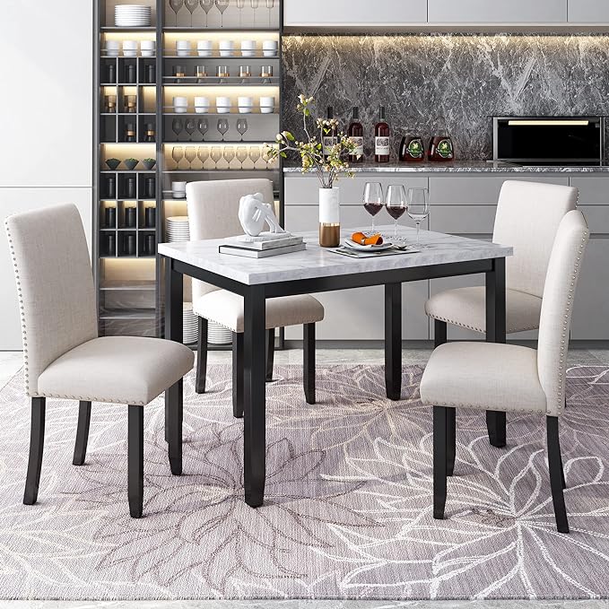 Kitchen Faux Marble 5-Piece Set Table with 4 Thicken Cushion Dining Chairs Home Furniture, White/Beige+Black - LeafyLoom